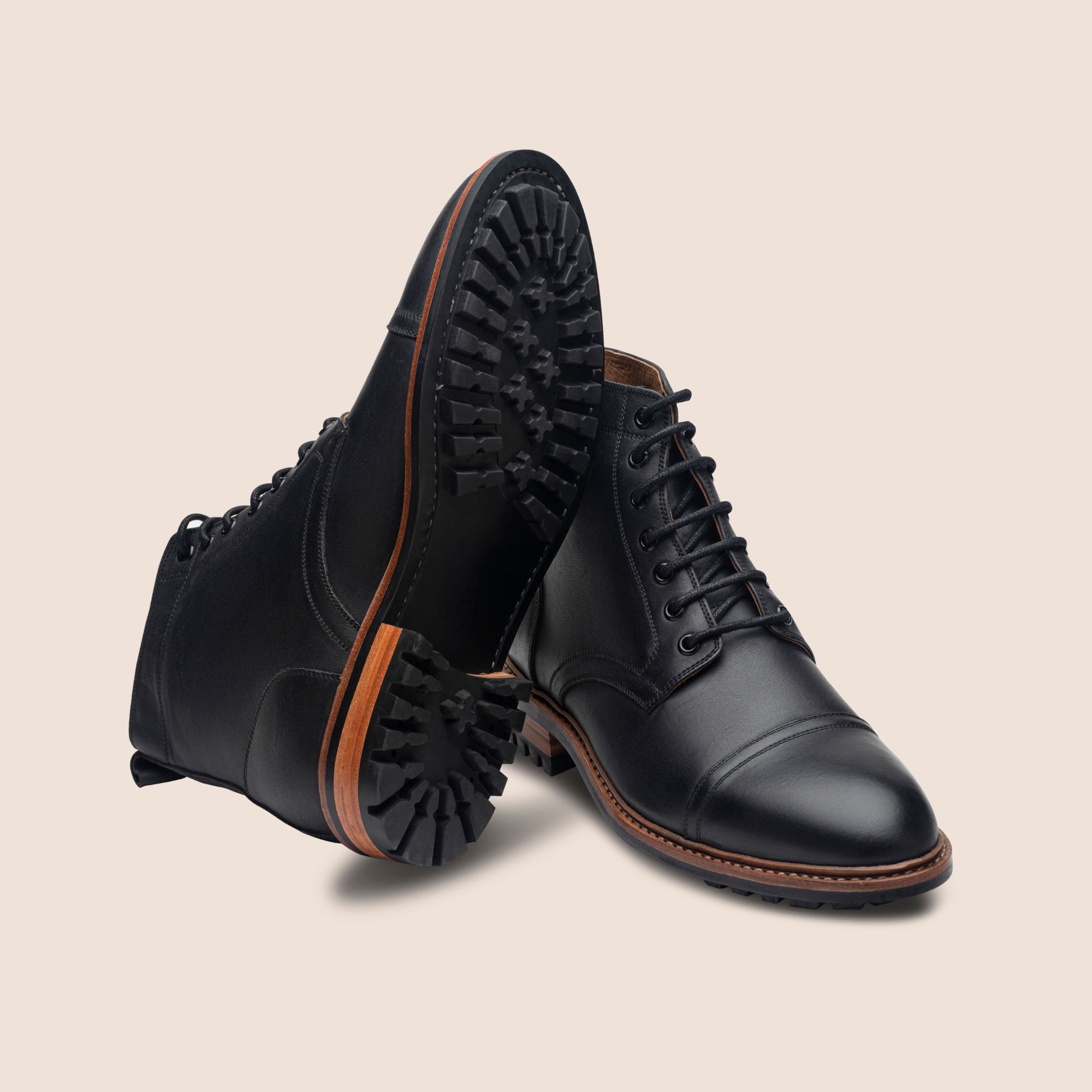 Goodyear Welted black captoe leather boots in oil pull up leather