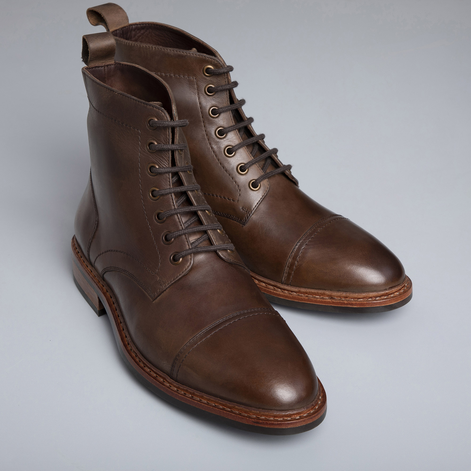 Mens brown leather cap toe boots